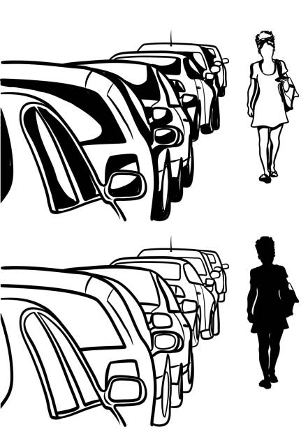 ilustrações de stock, clip art, desenhos animados e ícones de row of cars street parking silhouette - woman in mirror backview
