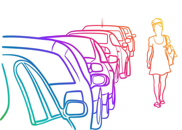 ilustrações de stock, clip art, desenhos animados e ícones de row of cars street parking rainbow - woman in mirror backview