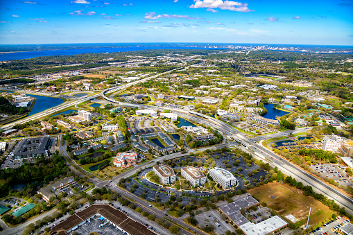 Wide angle aerial view of the suburban area located just south of Jacksonville, Florida shot from an altitude of about 1000 feet.
