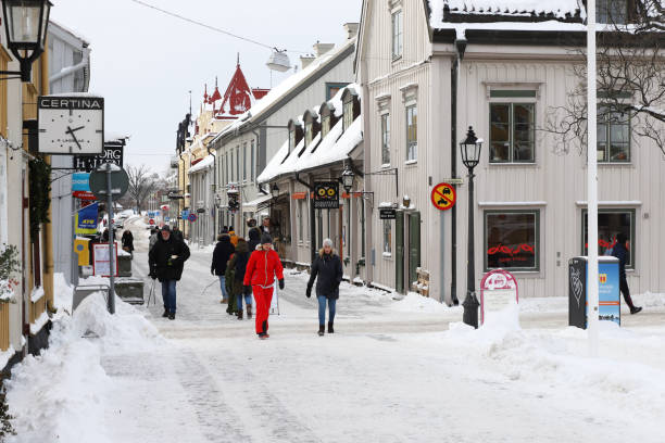 Mariefred city center Mariefred, Sweden - February 7, 2021: View of the Storgatan street in the ciy center. mariefred stock pictures, royalty-free photos & images