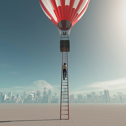 Man climbs on ladder to a hot air balloon. This is a 3d render illustration.