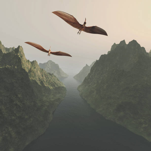 istock Pterodactyl flying above lake and mountains . This is a 3d render illustration . 1308041201