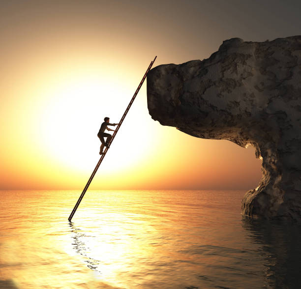 Man climbs on a rock cliff using ladder in the ocean . This is a 3d render illustration .