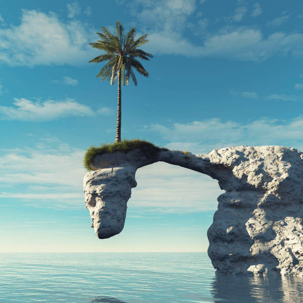 Palm tree on top of an arched rock cliff . This is a 3d render illustration .