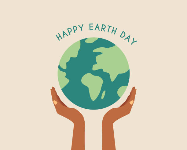 Happy earth day. African hands holding globe, earth. Earth day concept.Modern cartoon flat style illustration vector art illustration
