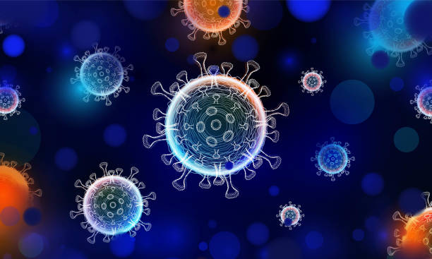 istock Dark background with bacteria and the inscription coronavirus COVID-2019 on a blue Abstract bokeh Light background vector design . 1308041969
