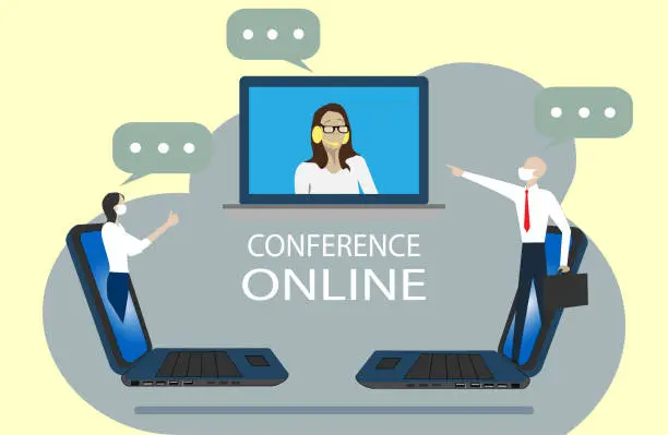 Vector illustration of Video conference meeting online concept. Leader meeting online with employees on computer laptop.