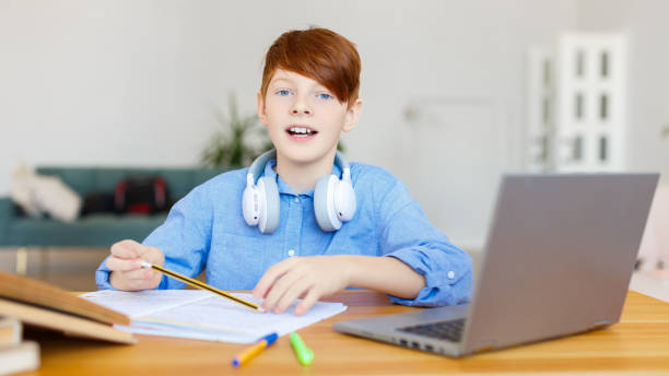 istock A schoolboy during an online seminar. He makes a presentation on his topic. Online learning concept 1308043694