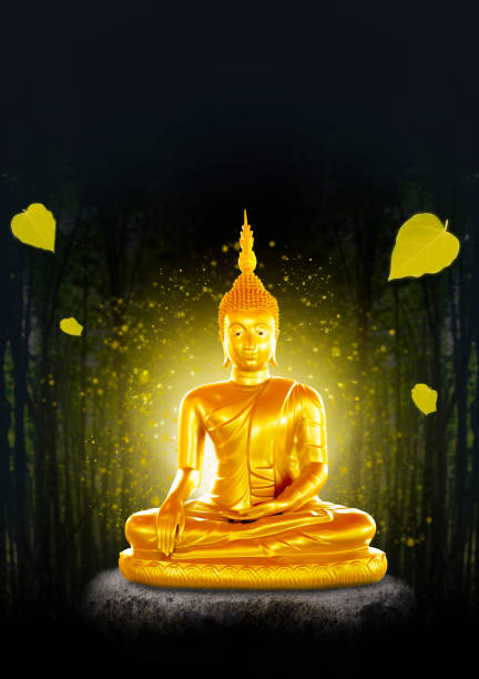 istock Poster buddha monk sits on a rock in the forest with a yellow light 1308044006
