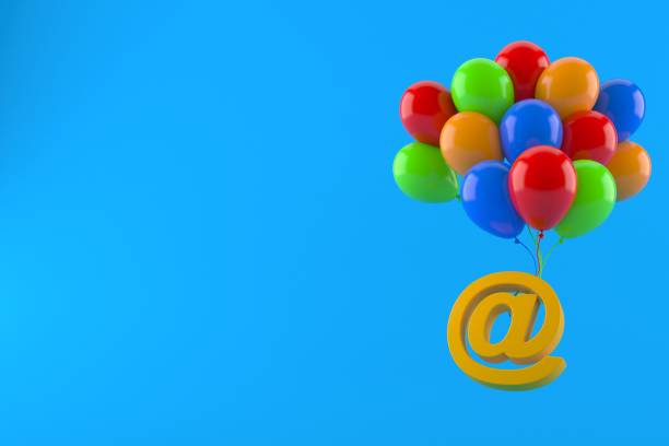 E-mail symbol with colorful balloons isolated on blue background. 3d illustration