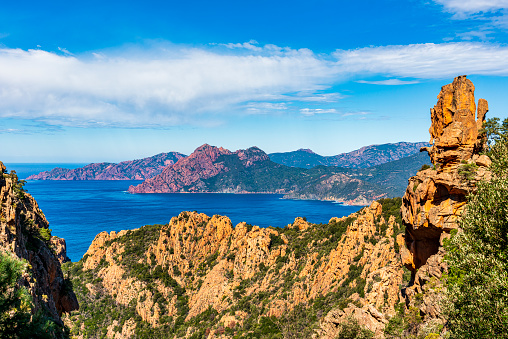 a landscape of the Corsican coast in the calanches of Piana in winter