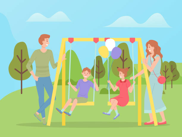 ilustrações, clipart, desenhos animados e ícones de família andando juntas, crianças balançando em um slide swing. crianças felizes com os pais - preschooler playing family summer