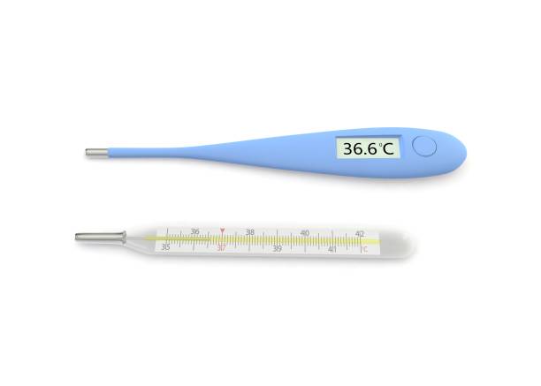 디지털 및 수은 온도계는 섭씨 36.6°c의 온도를 보여줍니다. 3d 일러스트레이션 - 5576 뉴스 사진 이미지