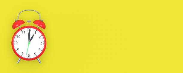 istock Vintage red alarm clock on yellow background, banner. 3D render 1308059303