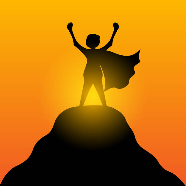 istock Silhouette of man standing on stone peak hill. Work hard and succeed concept. Vector illustration design. 1308061079