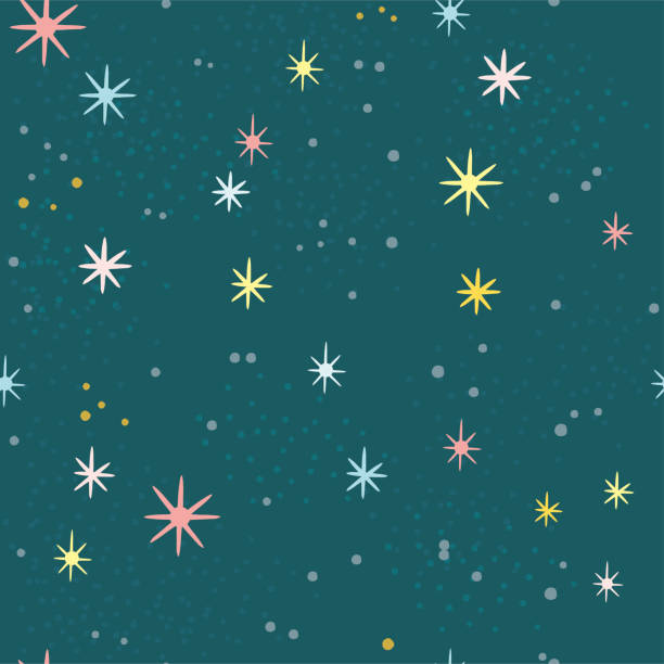 illustrazioni stock, clip art, cartoni animati e icone di tendenza di modello vettoriale senza soluzione di continuità di cielo delle notti scure con stelle colorate - star pattern