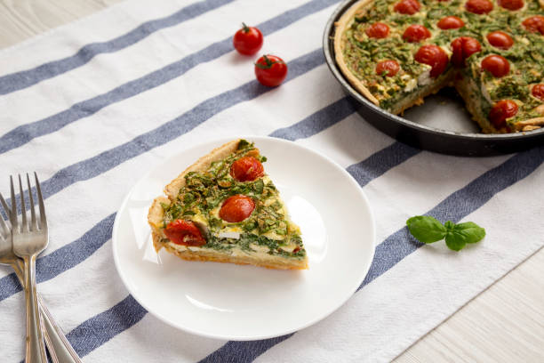 istock A Piece of Homemade Spinach Quiche on a white plate, low angle view. 1308062483