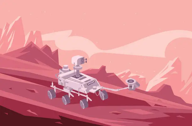Vector illustration of Mars planet landscape and space exploration machine
