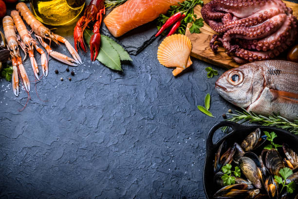 istock Fresh fish and seafood background with copy space 1308064122