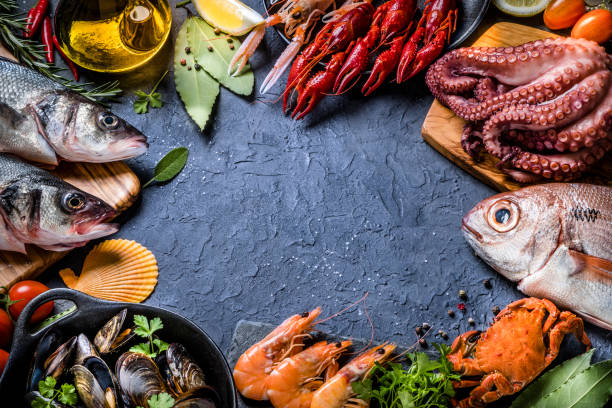 istock Fresh fish and seafood background with copy space 1308064446