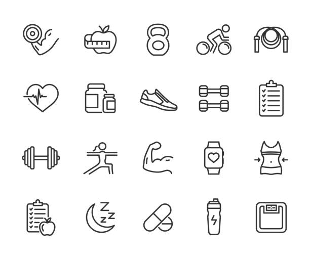 ilustrações de stock, clip art, desenhos animados e ícones de vector set of fitness line icons. contains icons gym, nutrition, cardio exercises, sports supplements, yoga, sleep, workout and more. pixel perfect. - kettle bell activity aerobics athlete