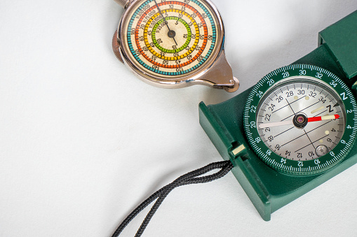 Close-up of a compass and a curvimeter. Studio shot. Light background