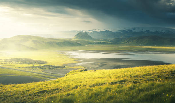 view from mountain, summer sunset, Iceland