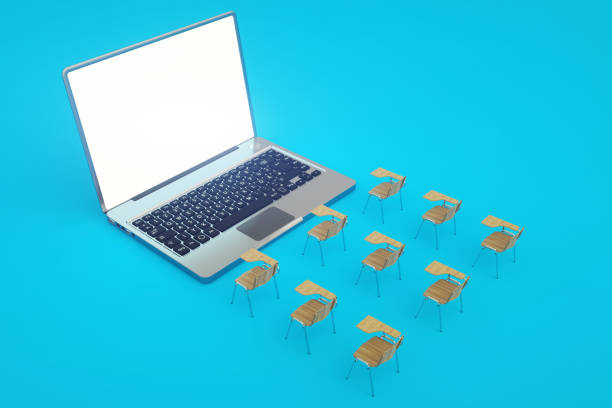 istock Digital classroom online education concept. School desks and laptop. 3d illustration 1308080778