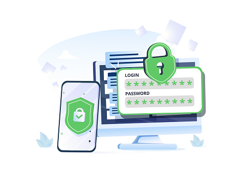 2fa authentication password secure notice login verification or sms with push code message shield icon in smartphone phone and laptop computer pc vector flat colorful, two factor or multi factor icon