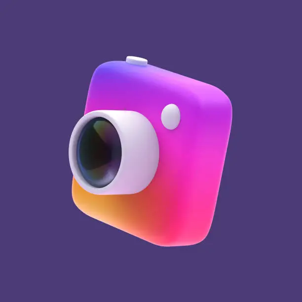 Photo of 3d simple rainbow snapshot camera with lens on pastel background with clear shadow. Isolated hight quality 3d illustration.