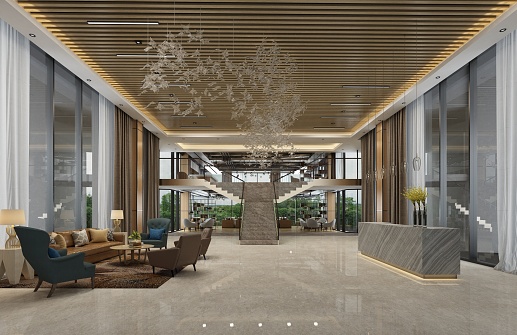 3d render of luxury hotel reception and lobby