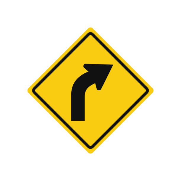 istock Rhomboid traffic signal in yellow and black, isolated on white background. Warning of sharp right curve 1308088150