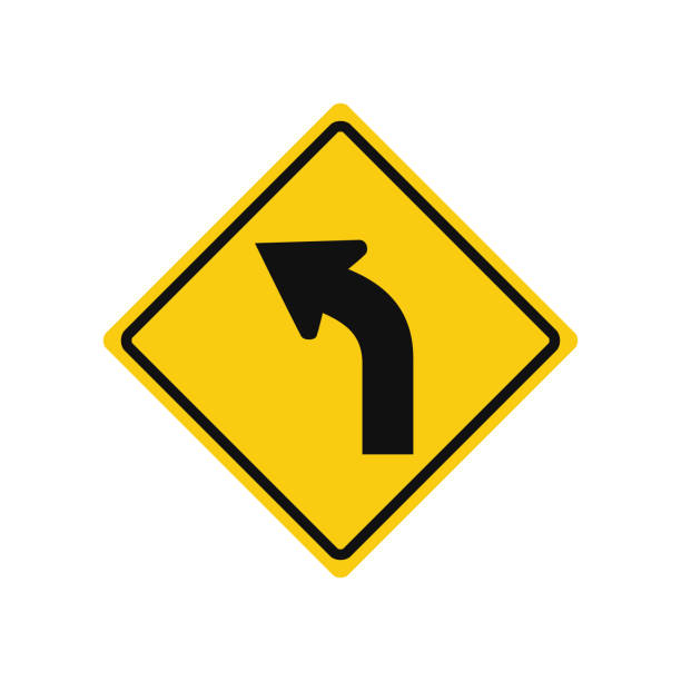 istock Rhomboid traffic signal in yellow and black, isolated on white background. Warning of sharp left curve 1308088635