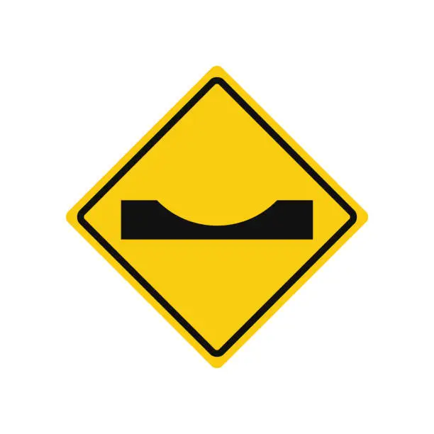 Vector illustration of Rhomboid traffic signal in yellow and black, isolated on white background. Warning of dangerous dip