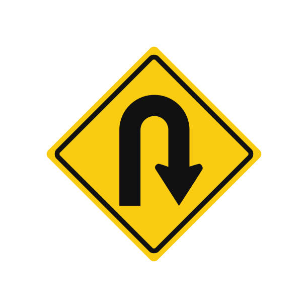 흰색 배경에 격리 된 노란색과 검은색의 rhomboid 교통 신호. 오른쪽을 유턴 - 유턴 일러스트 stock illustrations