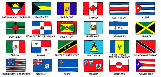 illustrazioni stock, clip art, cartoni animati e icone di tendenza di schizzo di bandiere nord america disegnato a mano stile doodle - barbados flag illustrations