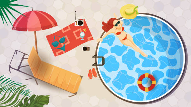 istock Vector illustration in a flat style on the theme of summer holidays and vacations Top view A girl in a red swimsuit sitting in a round pool 1308091637