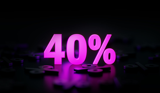 Purple 40 percent off sign glowing amid black percentage signs on black background. Horizontal composition with copy space. Sale concept.