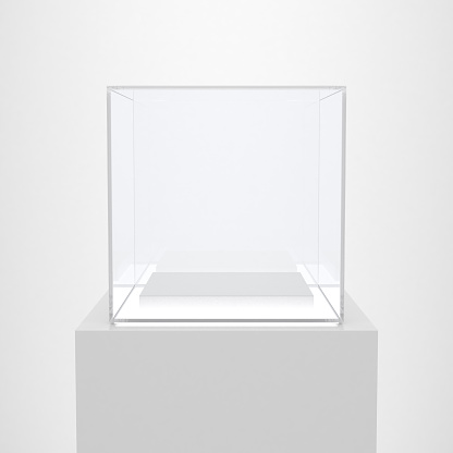 Empty Glass Box with White Podium for Product Display