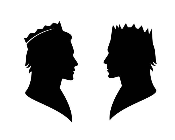 black vector silhouette portrait of fairy tale king or prince wearing royal crown fairy tale king or prince wearing royal crown - noble man black and white vector silhouette head portrait crown headwear illustrations stock illustrations