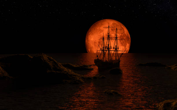 Sailboat at the full red moon Sailboat at the full red moon - 3d rendering haunted pirate ship stock pictures, royalty-free photos & images