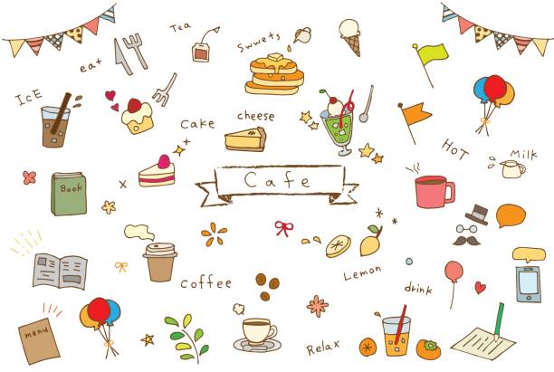 ilustraciones, imágenes clip art, dibujos animados e iconos de stock de conjunto de iconos de café - coffee bean coffee flower ribbon