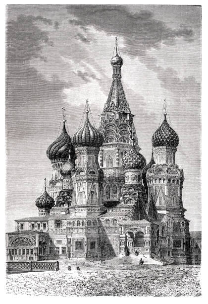 собор василия блаженного в москве 1870 - russia moscow russia st basils cathedral kremlin stock illustrations