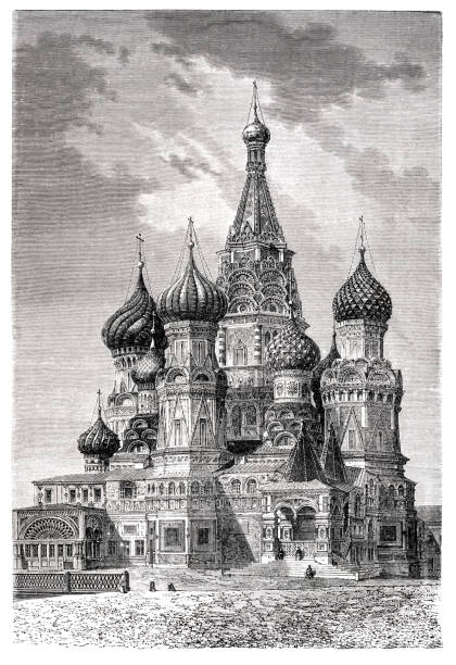 Saint Basil's Cathedral Moscow Russia 1870 The Cathedral of Vasily the Blessed commonly known as Saint Basil's Cathedral, is an Orthodox church in Red Square of Moscow, and is one of the most popular cultural symbols of Russia.
It was built from 1555 to 1561
Original edition from my own archive
Source : Tour du monde 186
Drawing : E.Thérond - C. Laplante kremlin stock illustrations