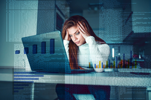 Female Hacker Thinking How To Break Through The Code