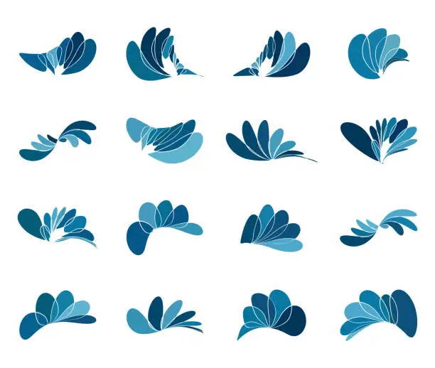 Vector illustration of Blue minimalism abstract twisted floral pattern icon collection for design