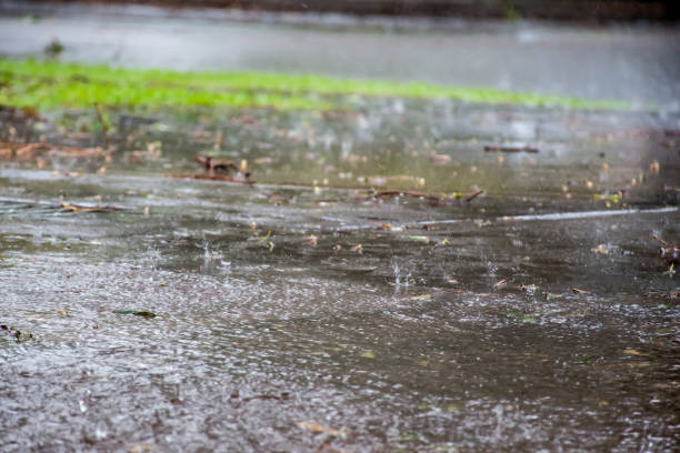 istock Blurred defocused image of heavy torrential rain. Rainfall flash flooding background. 1308104374