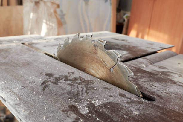 lama circolare per la lavorazione del legno tagliato. macchine e attrezzature per la lavorazione del legno in un'officina di falegnameria. - circle blade wood dust foto e immagini stock