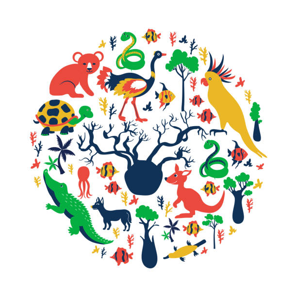 istock Australian wild animals, colorful trees, vector cartoon illustration, round frame, travel background with mammal koala, kakadu, snake, kangaroo, crocodile, fish, decorative texture for design zoo 1308104738