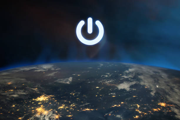 istock Power button over Earth planet in outer space. Elements of this image furnished by NASA. 1308107606